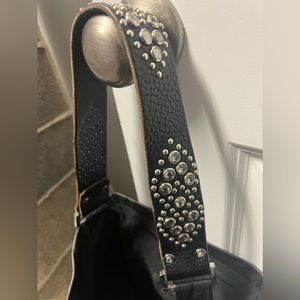 Tylie Malibu Black Leather Rhinestone Strap Hobo Bag